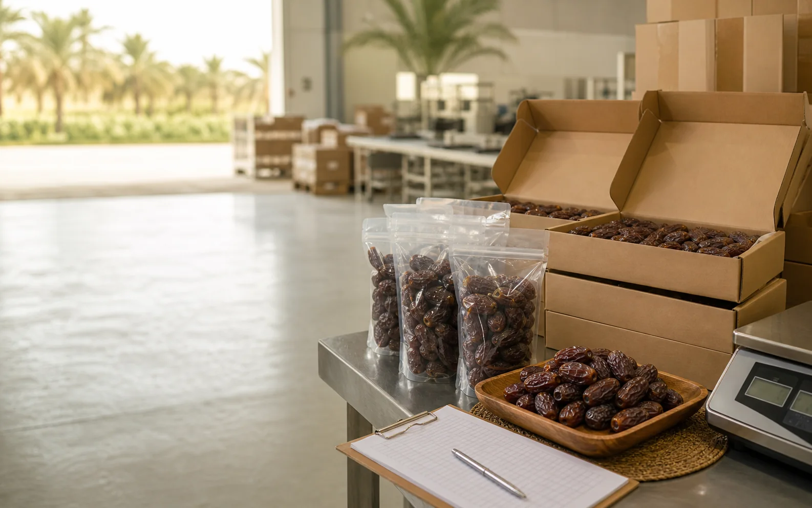 Premium dates prepared in cartons and food-safe pouches for wholesale supply