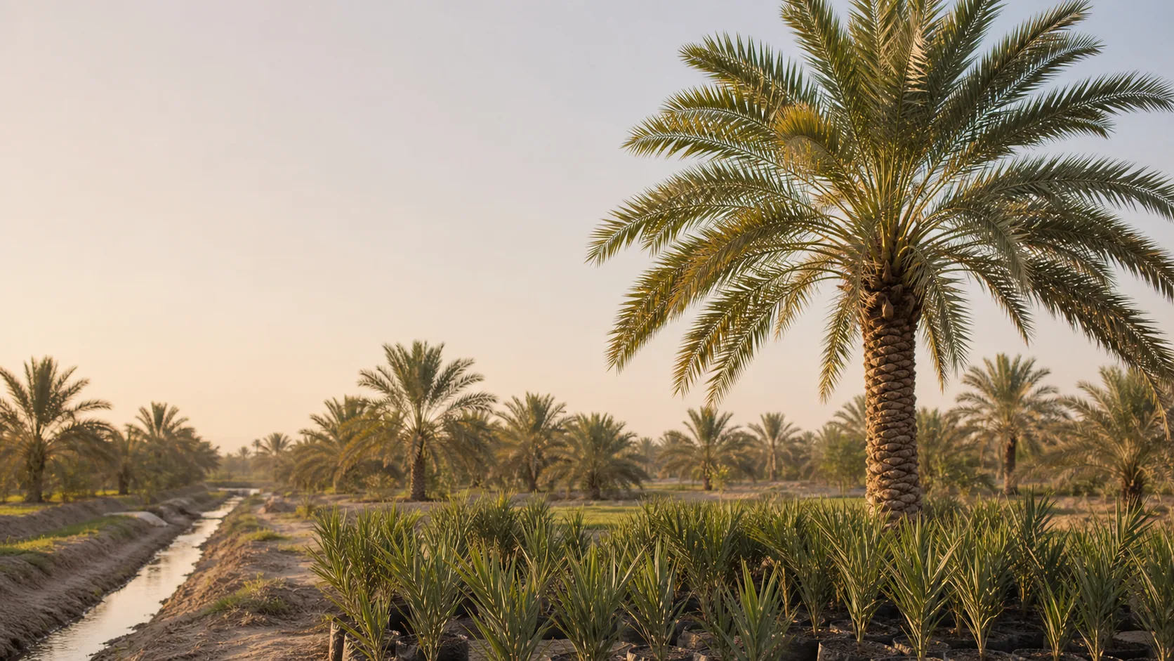 Date palm orchard in the warm light of Khairpur